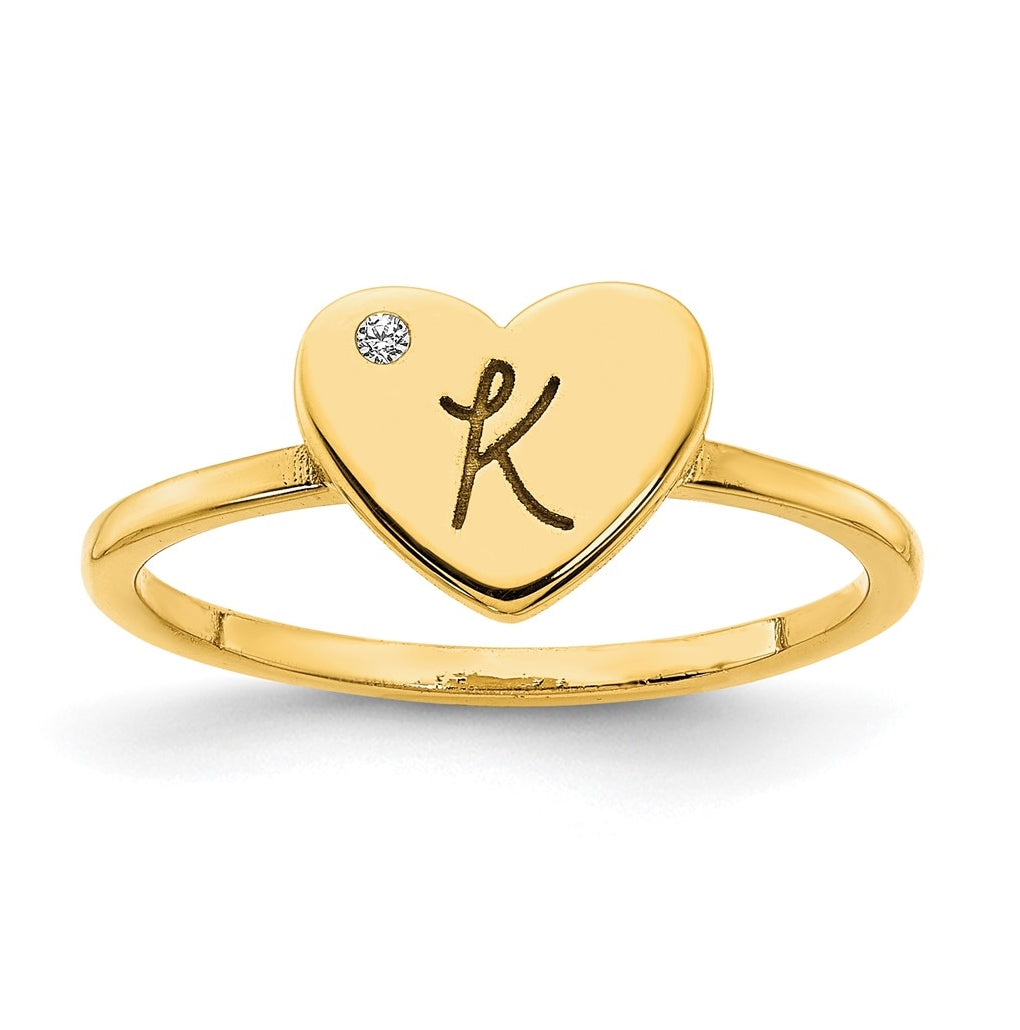 10K Yellow Gold Initial Heart with Diamond Signet Ring, Size 6