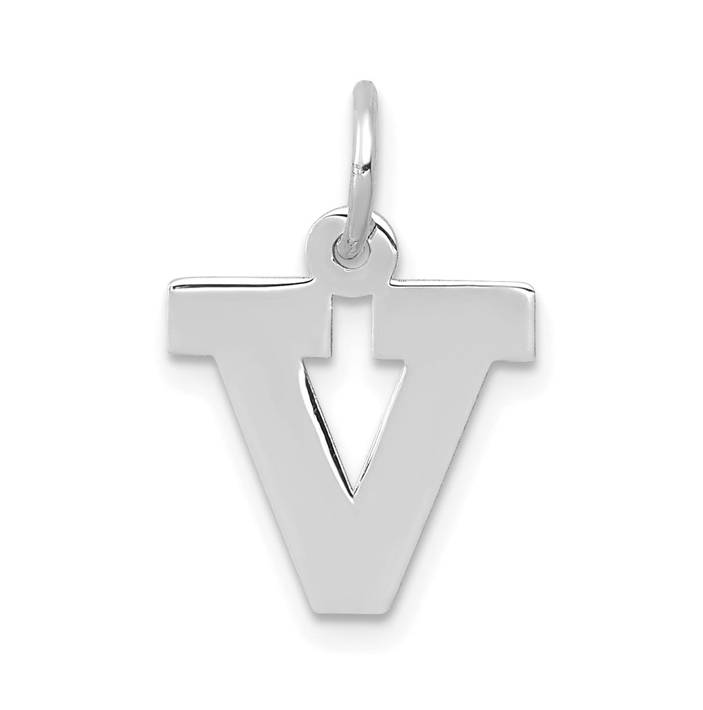 10k White Gold Small Block Initial V Charm