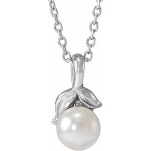 Sterling Silver Pearl 5 Mm  Cultured White Akoya Pearl Floral Necklace, Length: 18 In