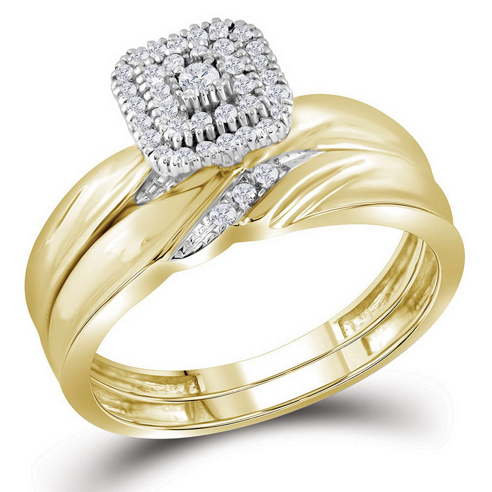 10K Yellow Gold His Hers Round Diamond Cluster Matching Wedding Set 1/5 Cttw, Womens Size: 5-10, Mens Size: 7-13