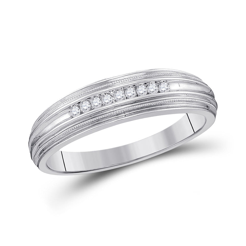 10K White Gold Mens Round Diamond Ridged Edges Wedding Anniversary Band Ring 1/10 Cttw, Mens Size: 7-13