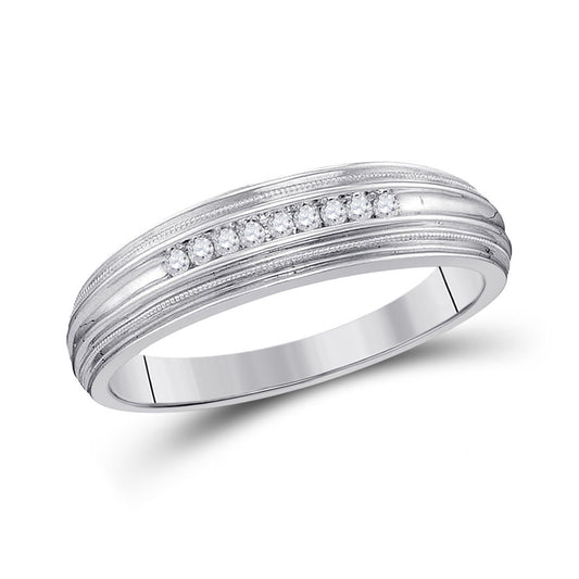 10K White Gold Mens Round Diamond Ridged Edges Wedding Anniversary Band Ring 1/10 Cttw, Mens Size: 7-13
