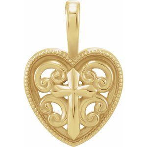 14K Yellow Gold 18.74 X 12.68 Mm Polished Ornate Heart And Cross Pendant