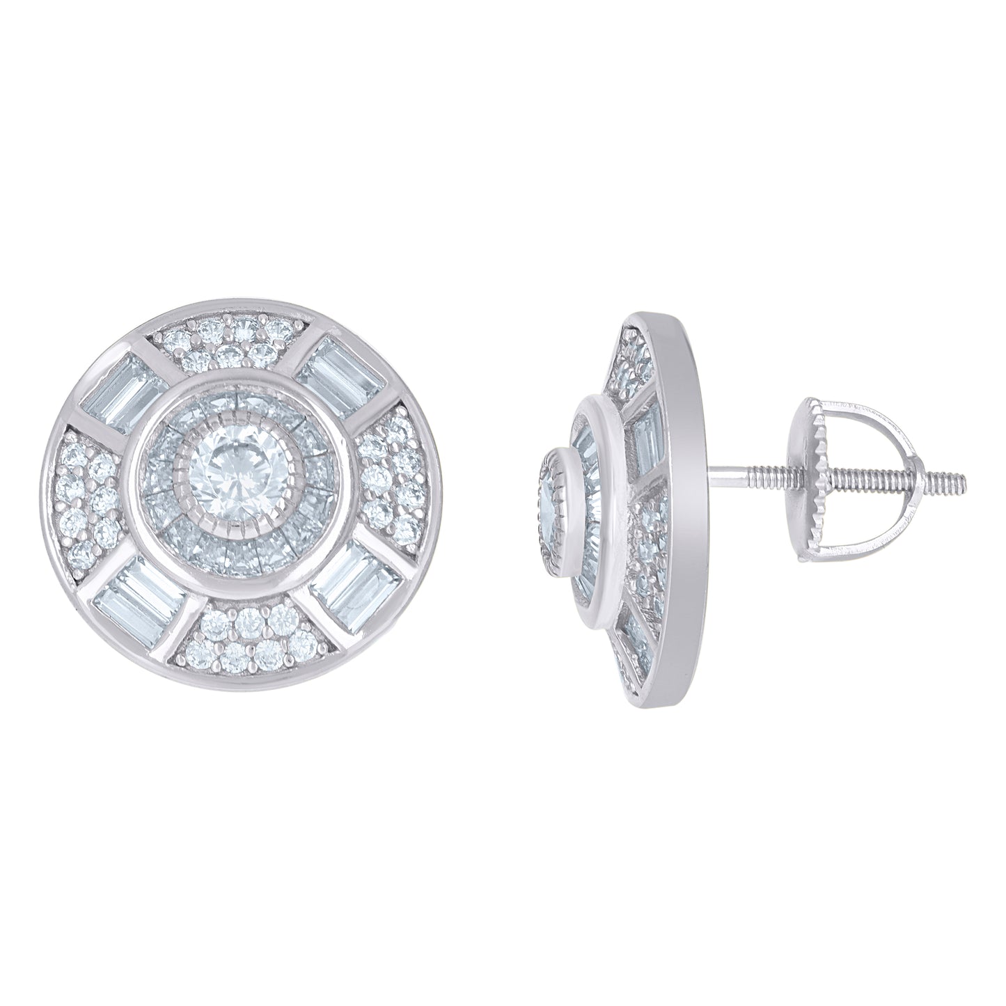 Sterling Silver Or Yellow-Tone Mens Baguette Cubic-Zirconia Round Fashion Stud Earrings