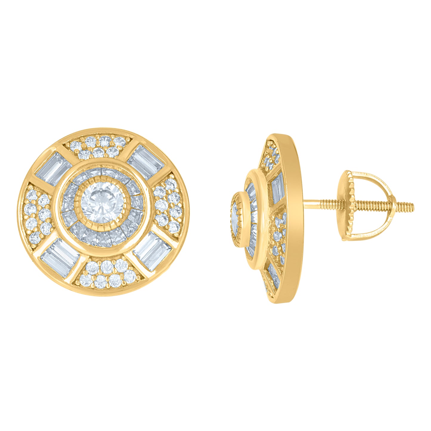 Sterling Silver Or Yellow-Tone Mens Baguette Cubic-Zirconia Round Fashion Stud Earrings