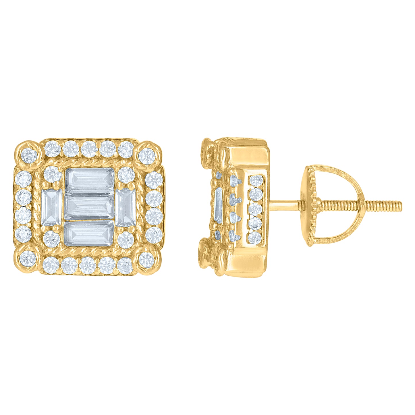 Sterling Silver Or Yellow-Tone Mens Baguette Cubic-Zirconia Square Fashion Stud Earrings
