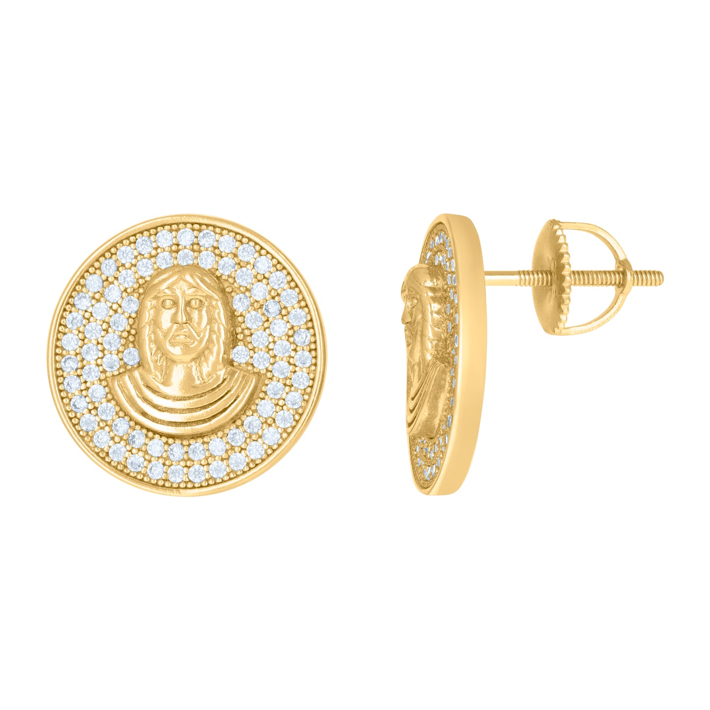 Sterling Silver Or Yellow-Tone Mens Cubic-Zirconia Jesus Religious Stud Earrings