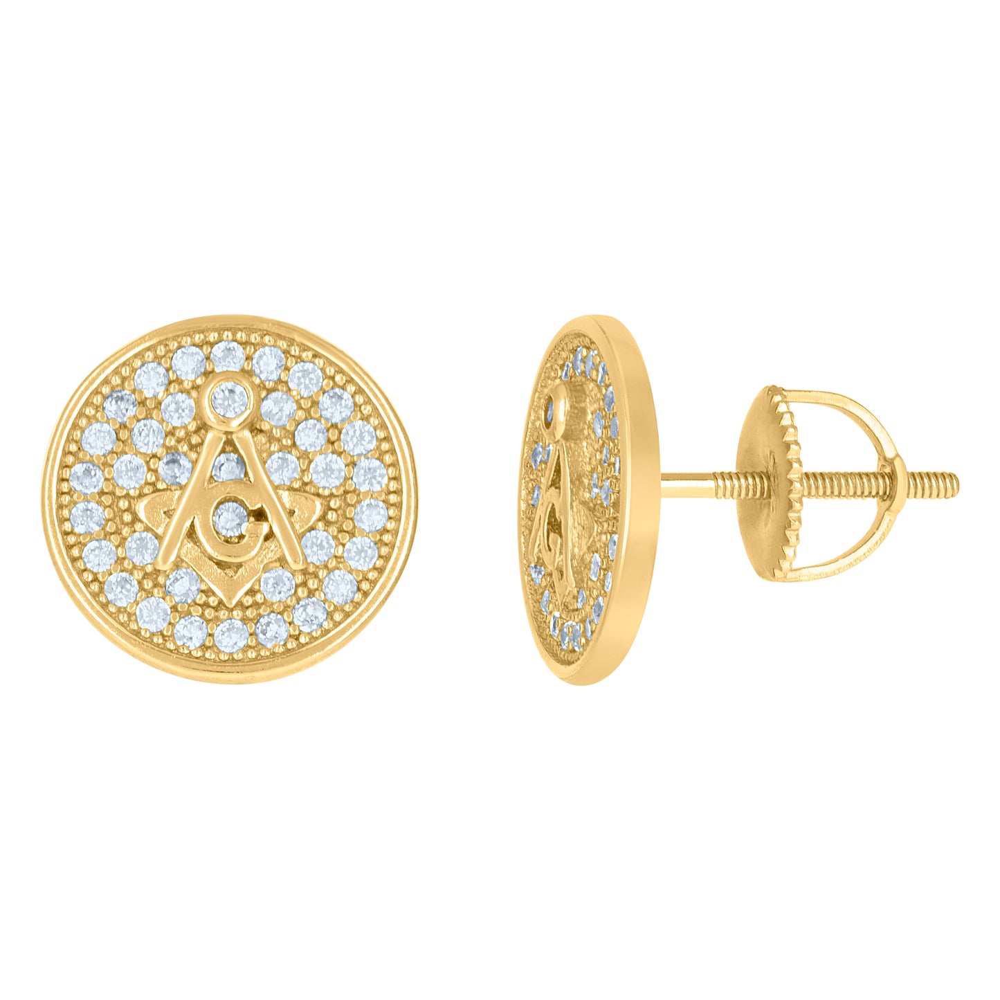 Sterling Silver Or Yellow-Tone Mens Cubic-Zirconia Masonic Stud Earrings