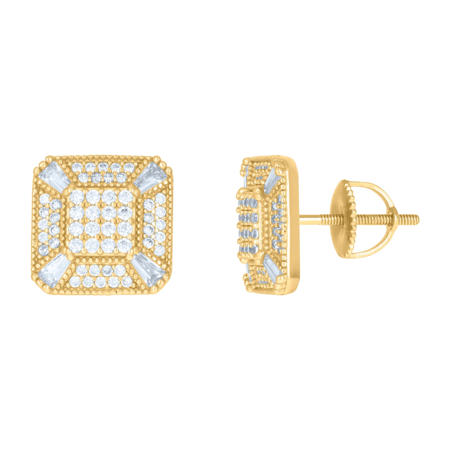 Sterling Silver Or Yellow-Tone Mens Baguette Cubic-Zirconia Square Fashion Stud Earrings