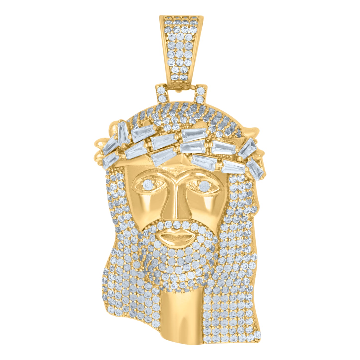 Sterling Silver Mens Baguette Cubic-Zirconia Jesus Religious Charm Pendant