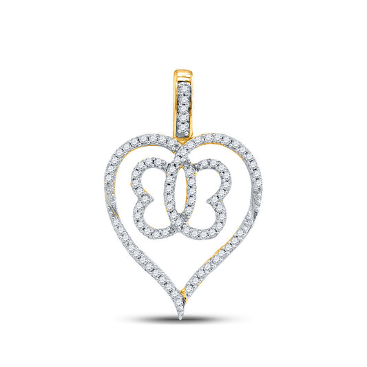 10K Yellow Gold Womens Round Diamond Butterfly Heart Pendant 1/3 Cttw, Length: 1.09 In, Width: 0.35 In
