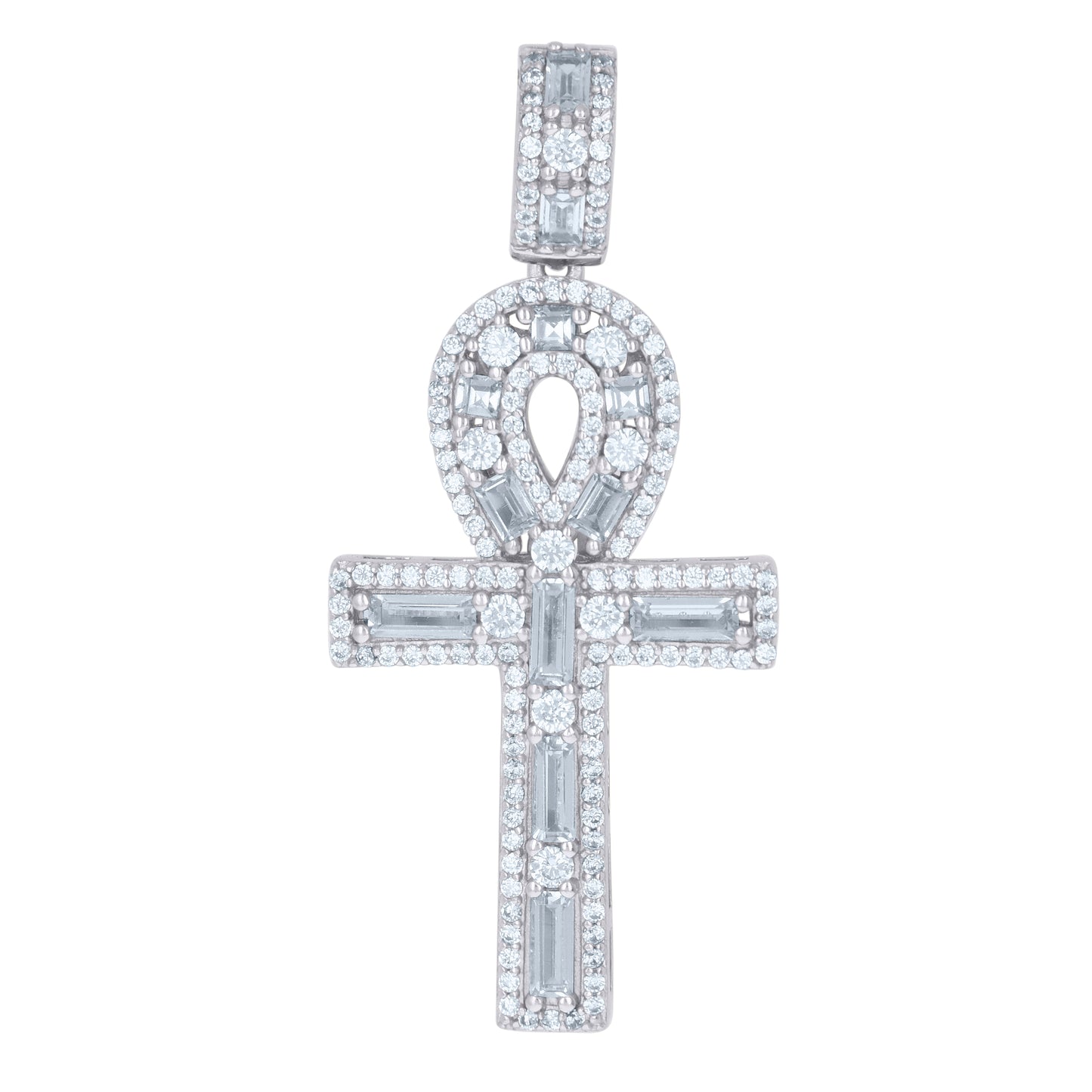 Sterling Silver Mens Baguette Cubic-Zirconia Egyptian Ankh Religious Charm Pendant