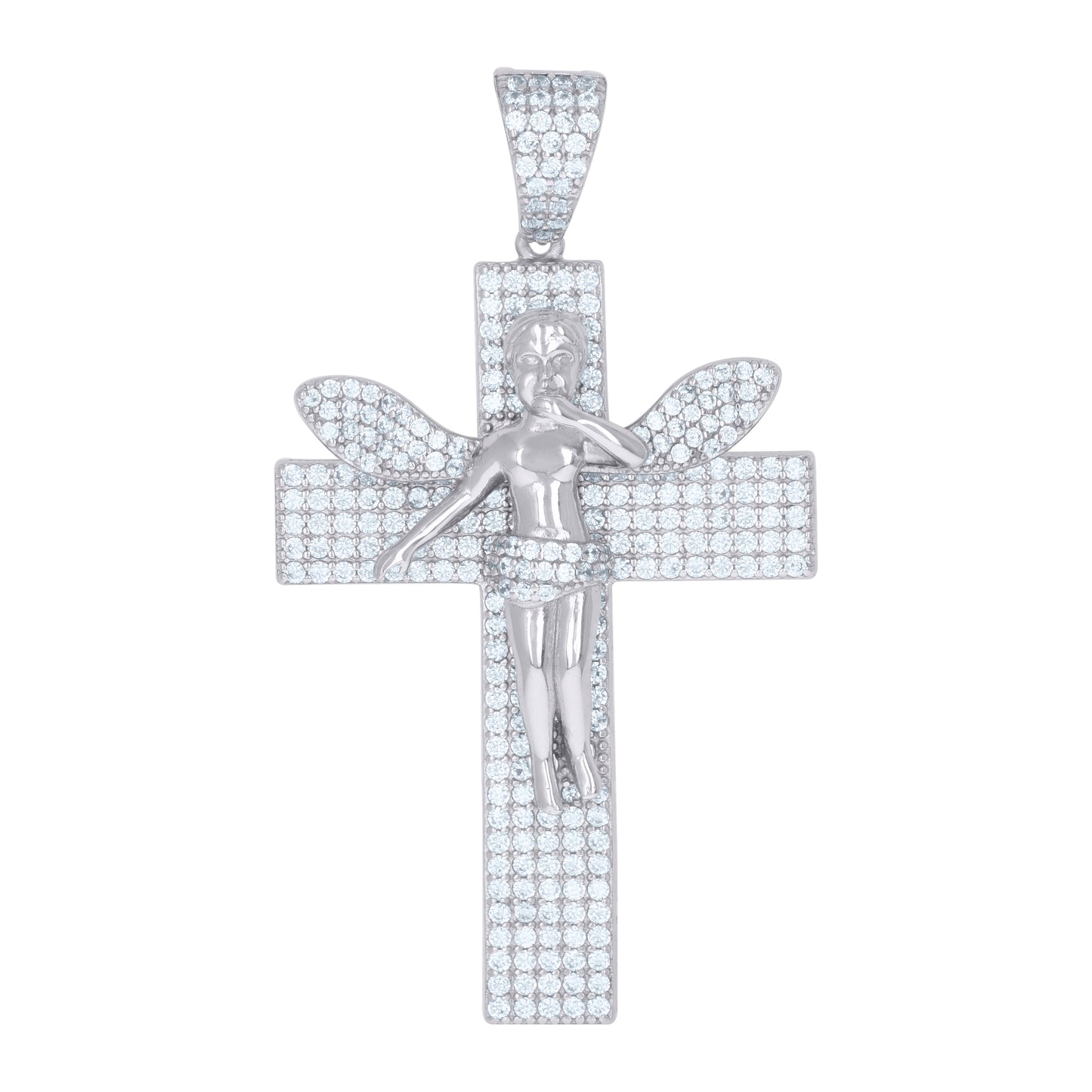 Sterling Silver Mens Cubic-Zirconia Cross Angel Religious Charm Pendant