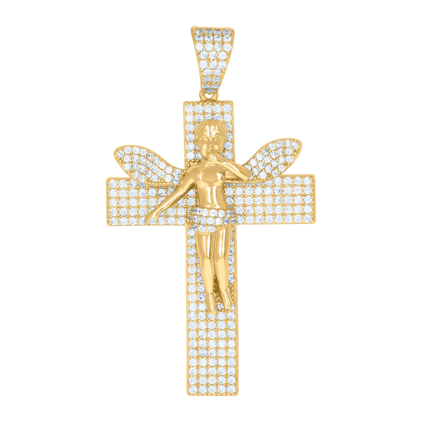 Sterling Silver Mens Cubic-Zirconia Cross Angel Religious Charm Pendant
