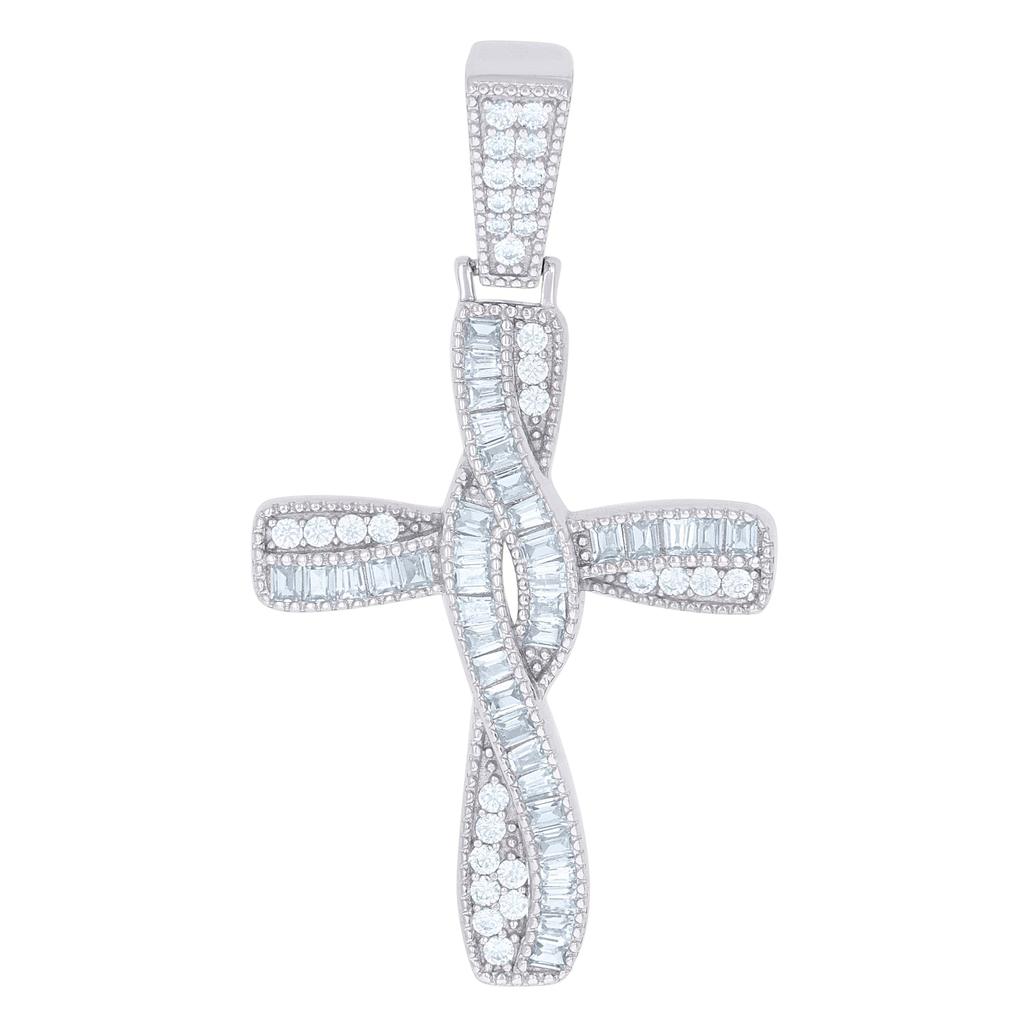 Sterling Silver Mens Baguette Cubic-Zirconia Twisted Cross Religious Charm Pendant