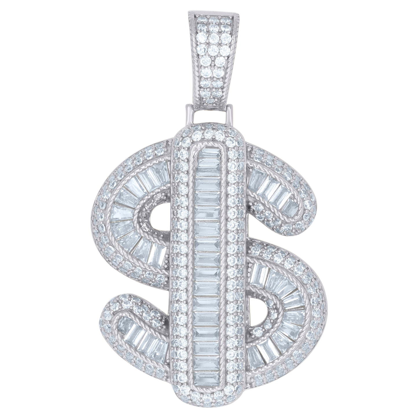 Sterling Silver Mens Baguette Cubic-Zirconia Dollar Symbol Symbols Charm Pendant