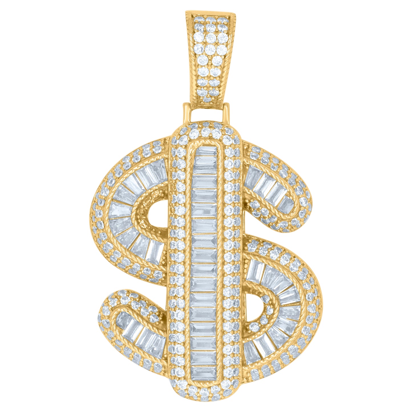 Sterling Silver Mens Baguette Cubic-Zirconia Dollar Symbol Symbols Charm Pendant