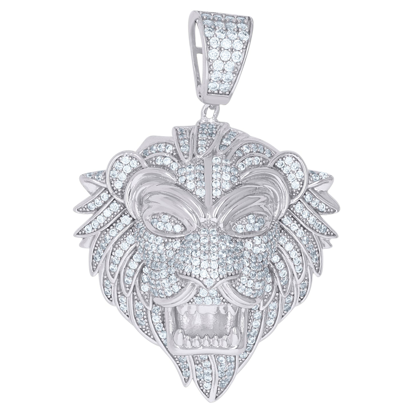 Sterling Silver Mens Baguette Cubic-Zirconia Lion Animal Wildlife Charm Pendant