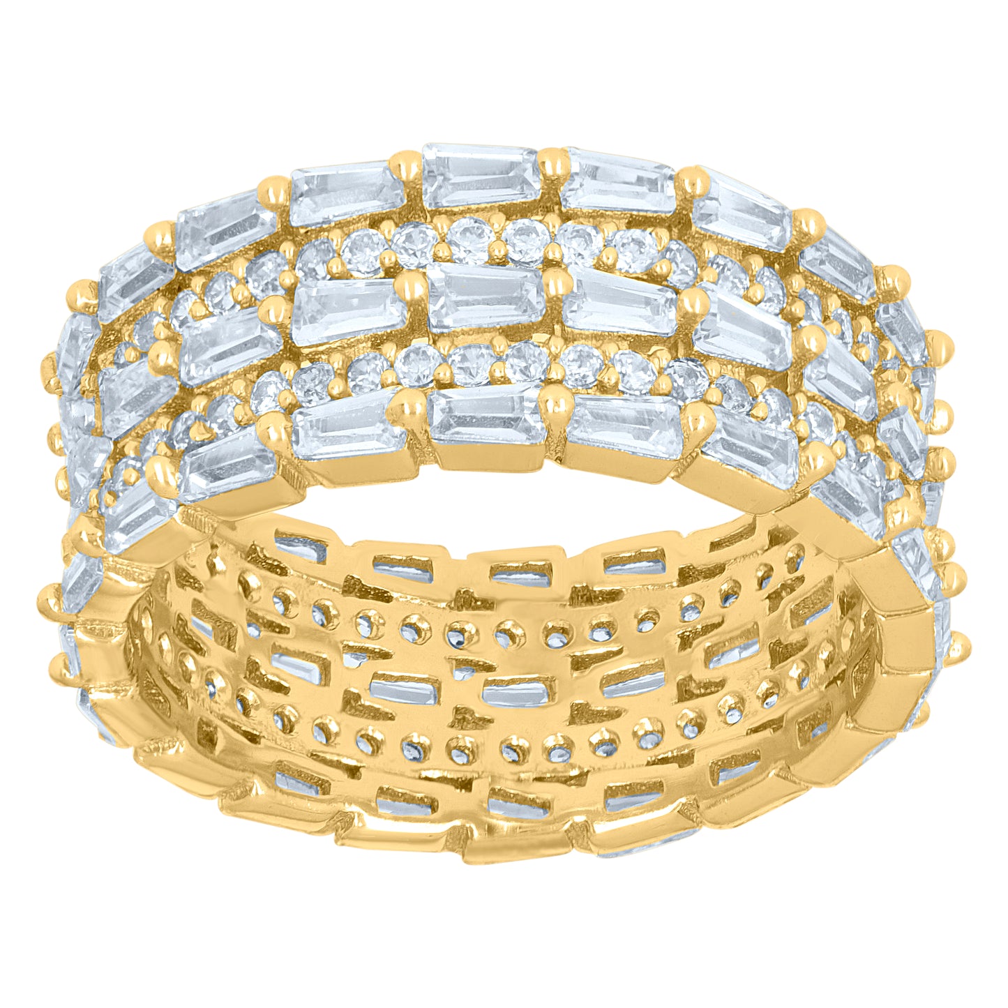 Sterling Silver Yellow-Tone Women's Baguette Cubic-Zirconia Fashion Bridal Anniversary Wedding Engagement Band Ring Sizes 6 To 9