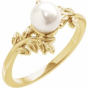 14K Yellow Gold Cultured White Akoya Pearl Pearl 6 Mm Polished Nature Inspired Ring Size 7