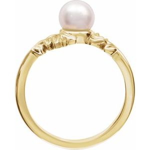 14K Yellow Gold Cultured White Akoya Pearl Pearl 6 Mm Polished Nature Inspired Ring Size 7