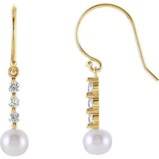14K Yellow Gold 5.5-6.0 Mm Backless Polished Cultured White Freshwater Pearl And 1/4 Ctw Natural Diamond Earrings