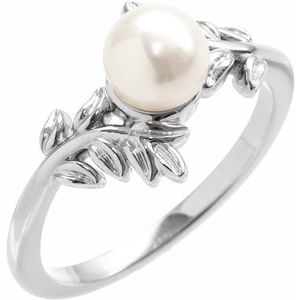 Sterling Silver Cultured White Akoya Pearl Pearl 6 Mm Polished Nature Inspired Ring Size 7