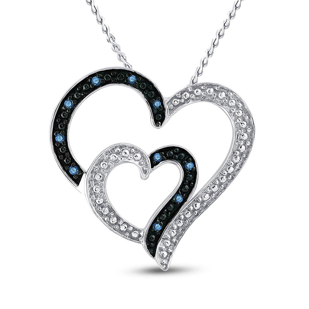 Sterling Silver Womens Round Blue Color Enhanced Diamond Heart Pendant 1/20 Cttw, Length: 1.1 In, Width: 0.55 In
