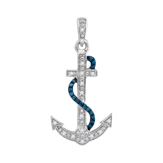 Sterling Silver Womens Round Blue Color Enhanced Diamond Nautical Anchor Pendant 1/10 Cttw, Length: 1.12 In, Width: 0.55 In