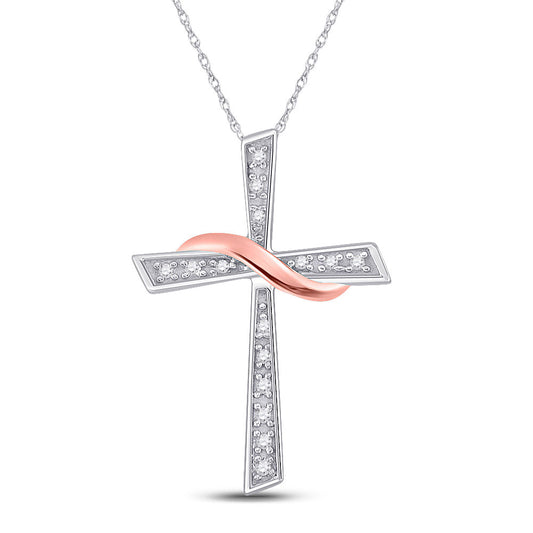 Two-tone Sterling Silver Womens Round Diamond Cross Pendant 1/20 Cttw, Length: 0.56 In, Width: 0.66 In