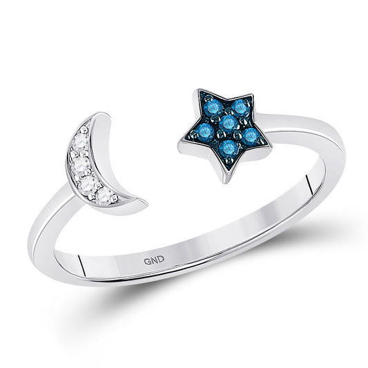 Sterling Silver Womens Round Blue Color Enhanced Diamond Moon Star Ring 1/10 Cttw, Womens Size: 5-10