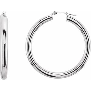 14K White Gold Pair Round Tube Hoop Earrings, Length: 40 Mm, Thickness: 4 Mm