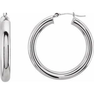 14K White Gold Pair Round Tube Hoop Earrings, Length: 30 Mm, Thickness: 4 Mm