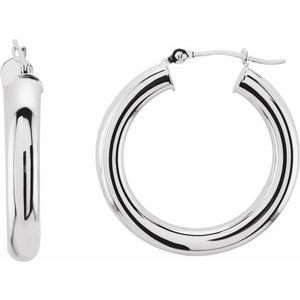 14K White Gold Pair Round Tube Hoop Earrings, Length: 25 Mm, Thickness: 4 Mm