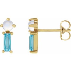 14K Yellow Gold Round 3 Mm Natural Moonstone And Natural Swiss Blue Topaz 2-Stone Earrings