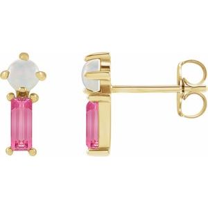 14K Yellow Gold Round 3 Mm Natural White Opal And Natural Pink Tourmaline 2-Stone Earrings