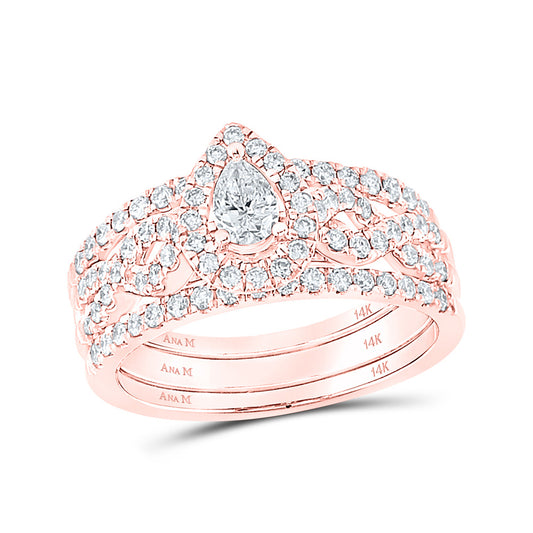 14K Rose Gold Pear Diamond 3-Piece Bridal Wedding Ring Band Set 7/8 Cttw, Womens Size: 5-10