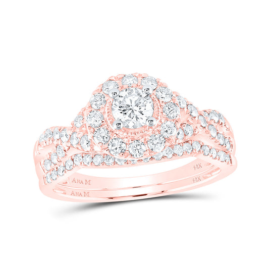 14K Rose Gold Round Diamond Twist Bridal Wedding Ring Band Set 1 Cttw, Womens Size: 5-10