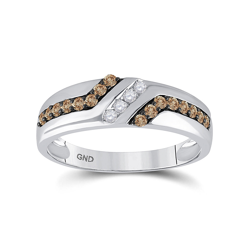 10K White Gold Mens Round Brown Diamond Wedding Band Ring 1/3 Cttw, Mens Size: 7-13