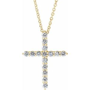 14K Yellow Gold Round I1, G-H 16-18 In Polished Natural Diamond Cross Necklace