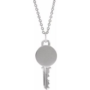 Sterling Silver 21.57 X 9 Mm 16-18 In Polished Engravable Key Necklace