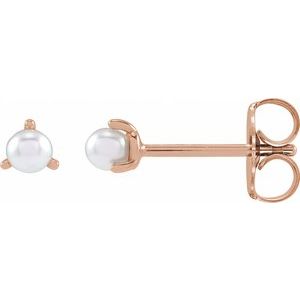 14K Rose Gold Pearl 3 Mm Cultured White Seed Pearl 3-Prong Earrings
