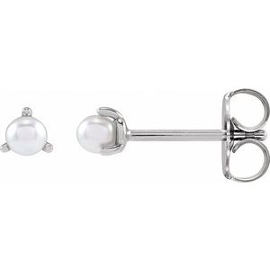 Sterling Silver Pearl 3.5 Mm Cultured White Seed Pearl 3-Prong Earrings