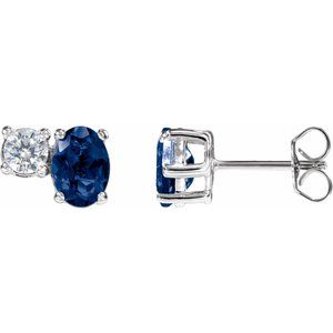 14K White Gold Oval 7 X 5 Mm Lab-Grown Blue Sapphire And 1/2 Ctw Lab-Grown Earrings