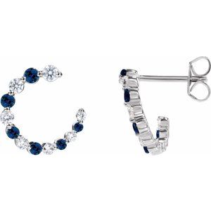 14K White Gold Round 2.1 Mm Natural Blue Sapphire And 1/3 Ctw Natural Diamond Hoop Earrings