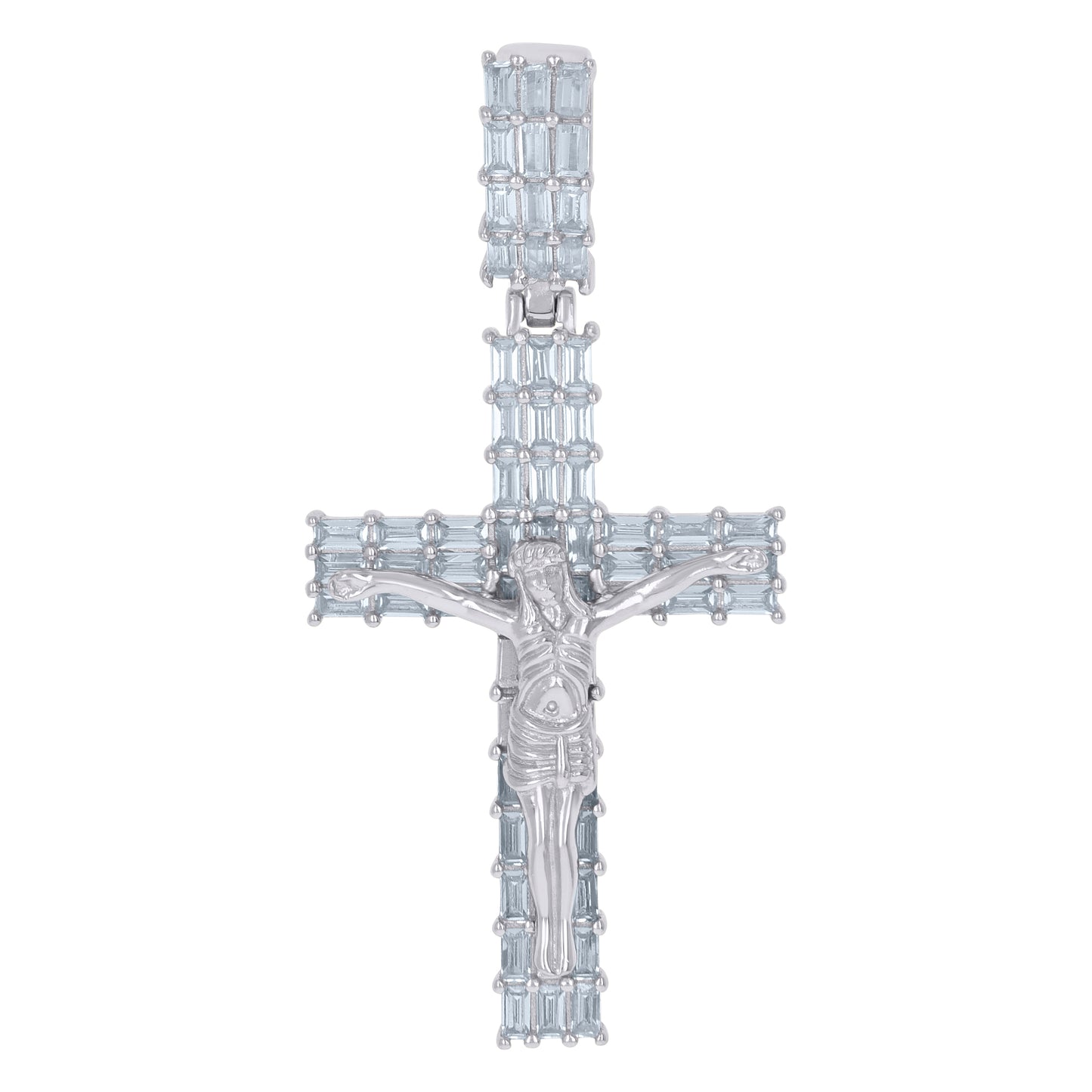 Sterling Silver Mens Baguette Cubic-Zirconia Crucifix Cross Religious Charm Pendant