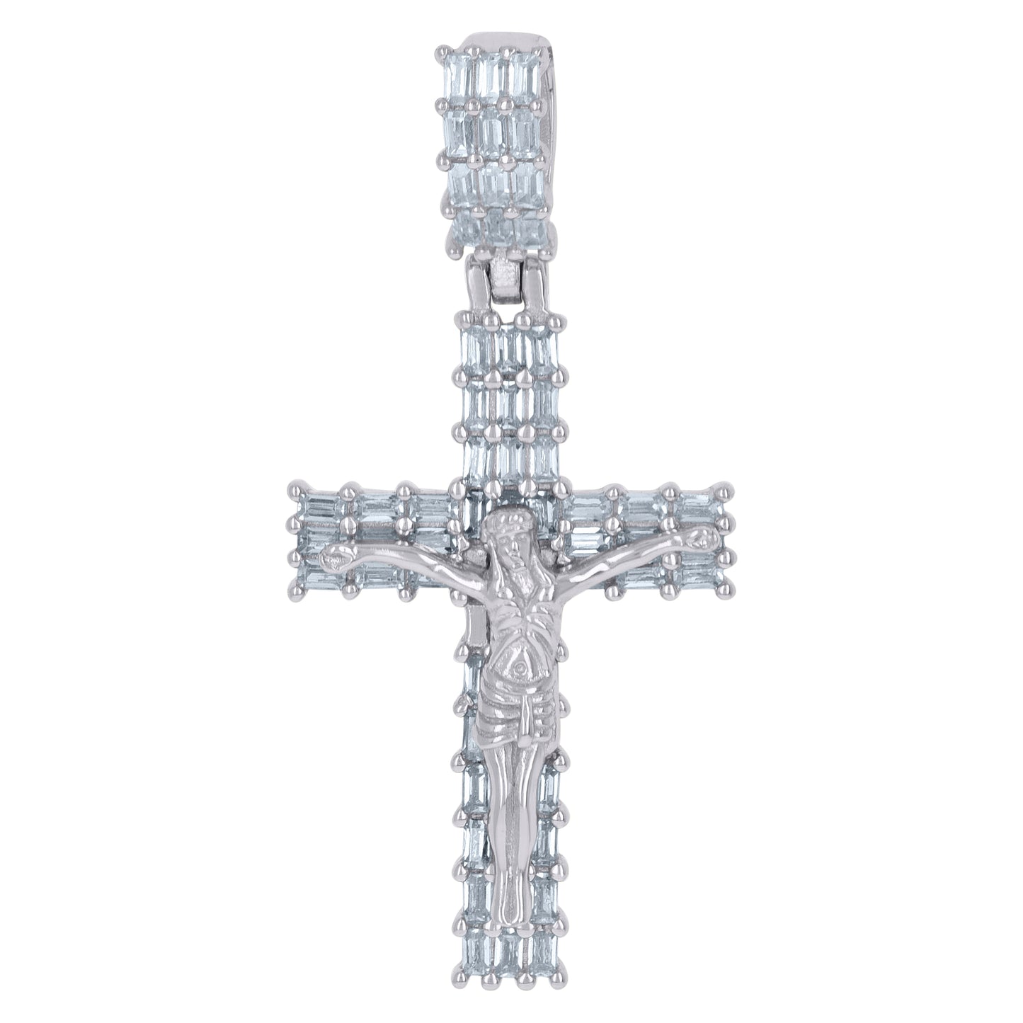 Sterling Silver Mens Baguette Cubic-Zirconia Crucifix Cross Religious Charm Pendant