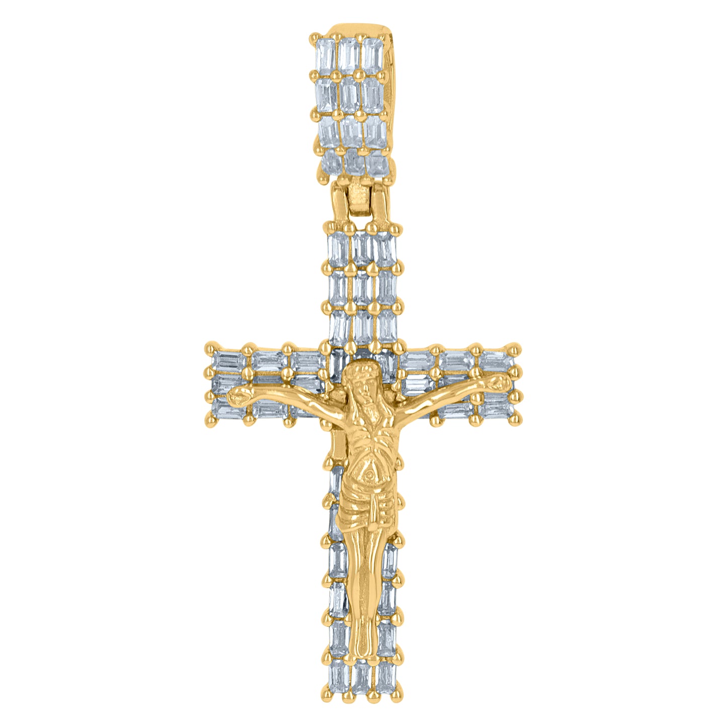 Sterling Silver Mens Baguette Cubic-Zirconia Crucifix Cross Religious Charm Pendant