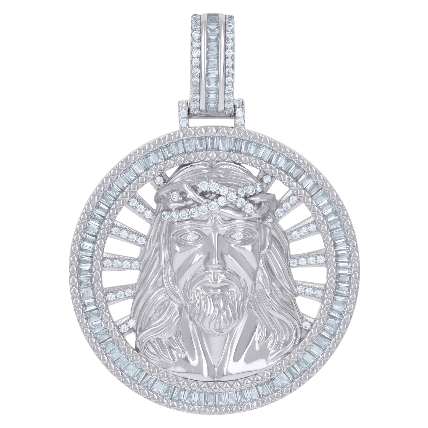 Sterling Silver Mens Baguette Cubic-Zirconia Medallion Jesus Religious Charm Pendant