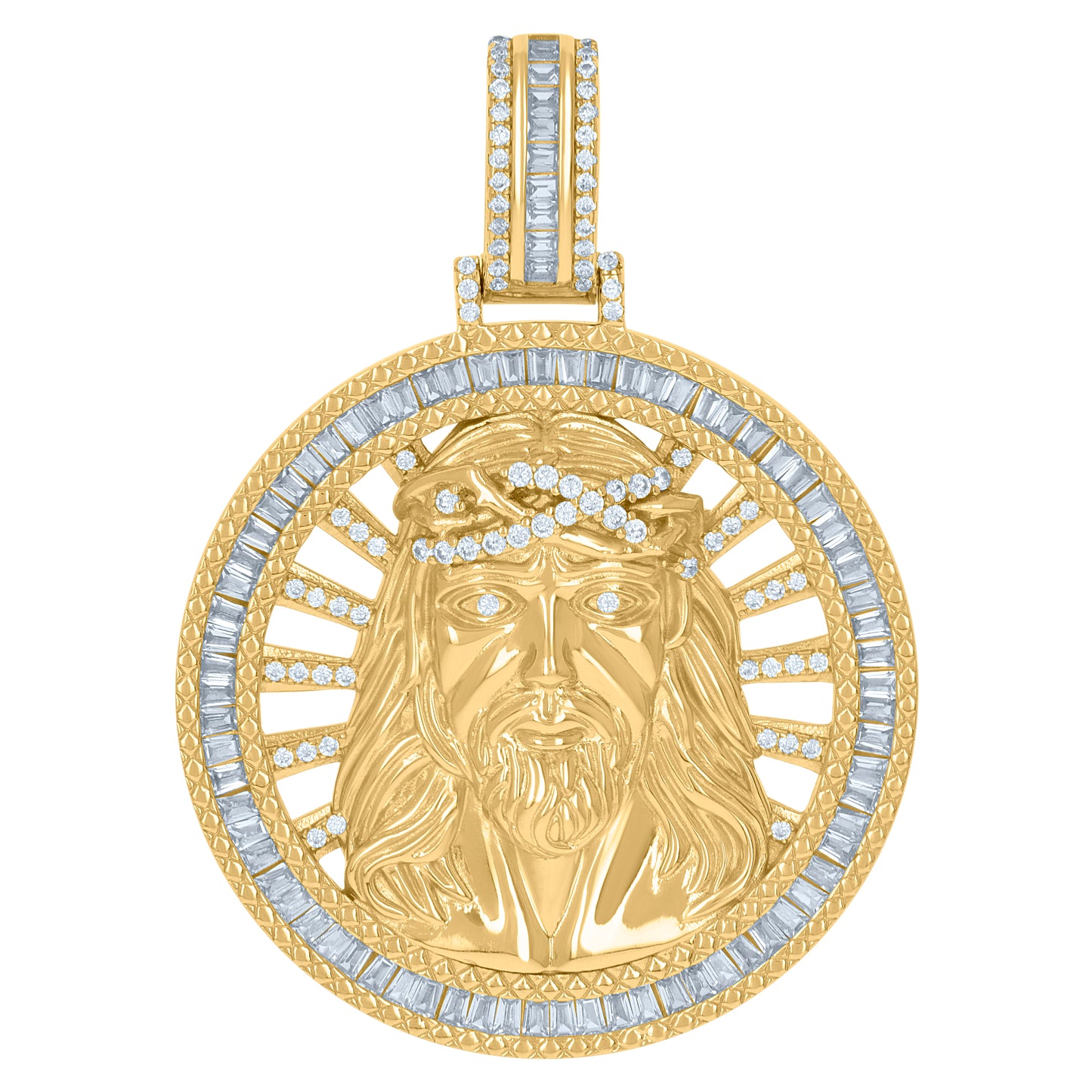 Sterling Silver Mens Baguette Cubic-Zirconia Medallion Jesus Religious Charm Pendant